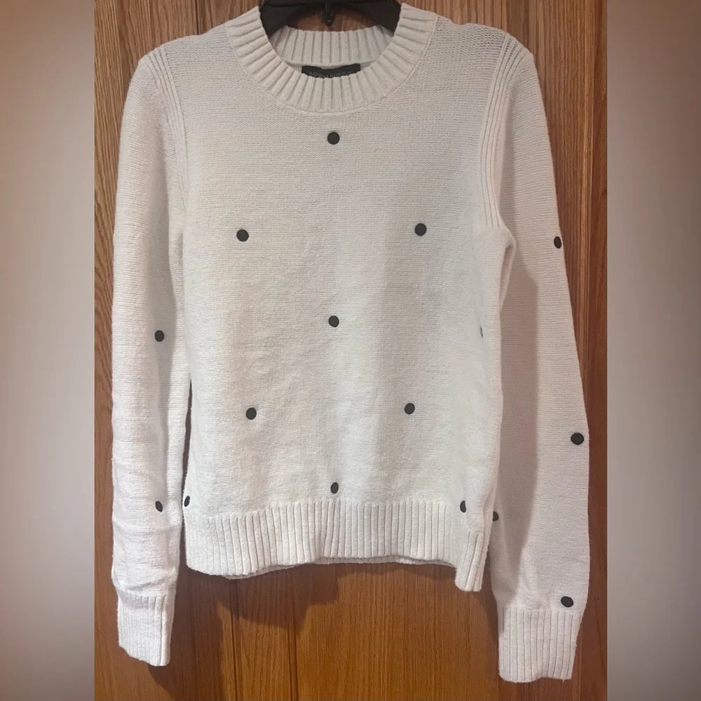 Banana‎ Republic Supersoft Ivory Cotton Sweater Embroidered Black Polka Dots XS